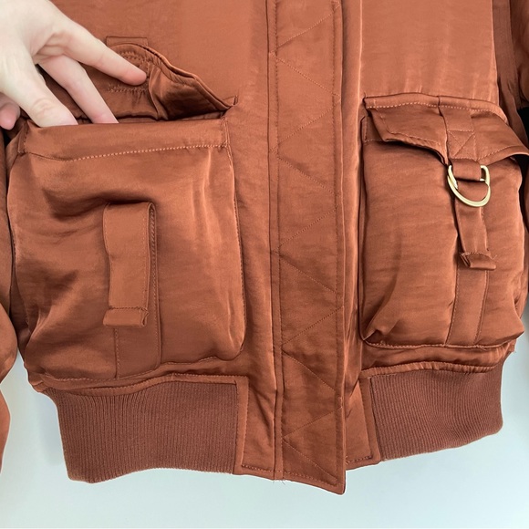 House Of Harlow 1960 Satin Bomber Jacket Women’s Medium Metallic Brown Ruched - Picture 10 of 16